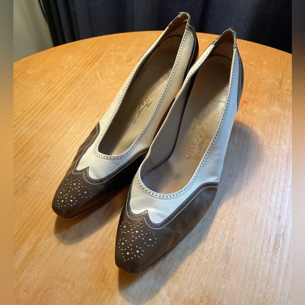 Salvatore Ferragamo Brown and White Leather Heels